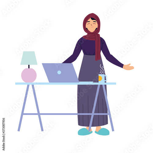 muslim woman cartoon with laptop on desk vector design
