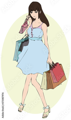 ショッピングする若い女性のイラスト