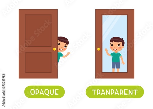 Opposites concept, OPAQUE and TRANSPARENT. Word card for language learning. Little boy stands behind a glass door and behind a wooden door.  Flashcard with antonyms for children vector template.
