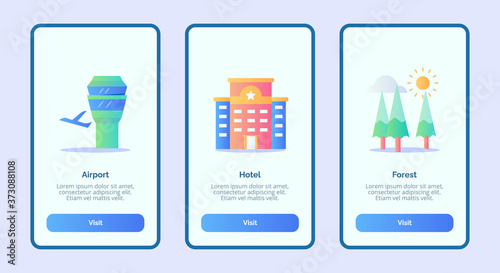 Airport hotel forest or mobile apps template banner page UI with three variations modern flat color style