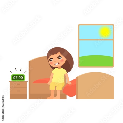 Unhappy little girl sits on the bed and is angry at the sound of the alarm clock. Concept of aggressive behavior, child psychology. Cute cartoon characters isolated on white background. Flat vector