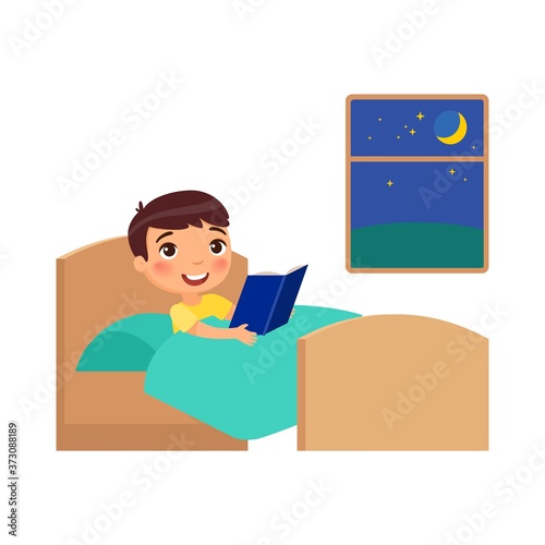 Little happy boy lies in bed and reads a book before sleep. Cute cartoon characters isolated on white background. Flat vector color illustration.