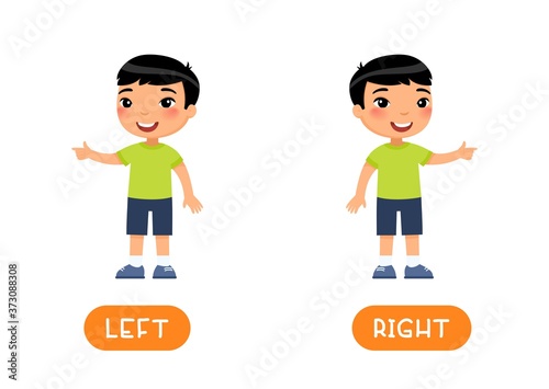 LEFT and RIGHT antonyms word card vector template. Flashcard for english language learning. Opposites concept. Little asian boy points in different directions. Illustration with typography