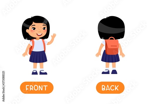 Educational word card with opposites. Antonyms concept, FRONT and BACK.  Flash card for English studying. Little asian schoolgirl stands with her back to us, girl stands in front of us. 