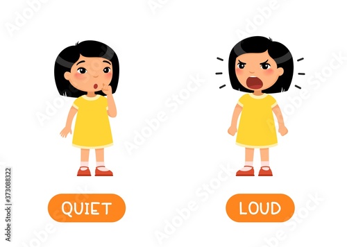 LOUD and QUIET antonyms word card vector template. Flashcard for english language learning. Opposites concept. Little asian girl screams out loud, the child whispers softly. 