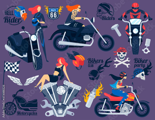 Biker on motorcycle vector illustration set. Cartoon flat man woman motorcyclist rider character with skulls tattoo riding bike, pretty girl sitting on motorbike. Biker party design element collection
