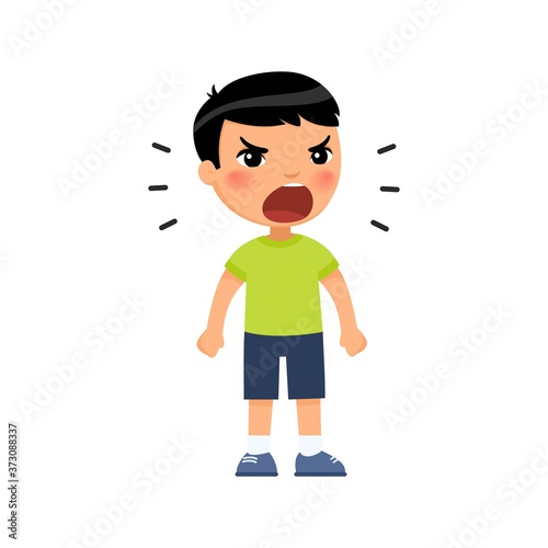 Little asian boy screams out loud, clenching his hands into fists. Angry male child standing cartoon character. Сhild shows bad behavior. Disorder of the child's psyche. Flat vector illustration