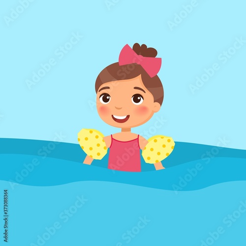 Girl swimming with inflatable sleeves flat vector illustration. Beautiful child having fun in water. Cheerful kid in swimsuit enjoying summer activities color cartoon character