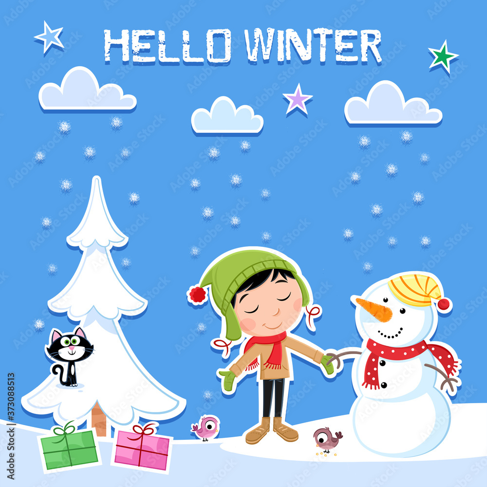 Hello winter, hello snow - Cute little boy with green hat and funny snowman - Greeting card & poster design Hello winter, hello snow - Cute little boy with green hat and funny snowman - Greeting card & poster design
