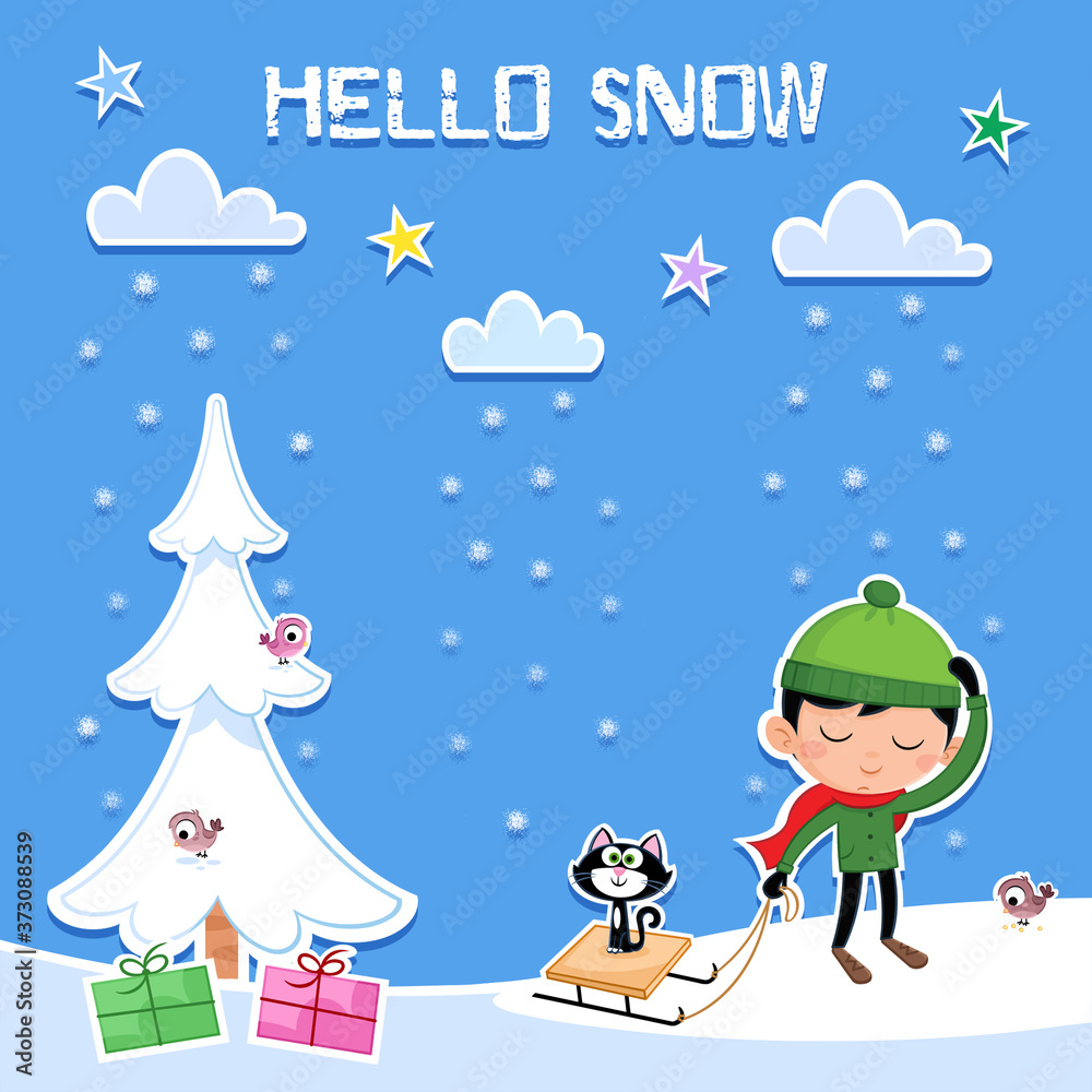 Little boy and snowy day - Cute Christmas illustration suitable fot greeting card & poster design