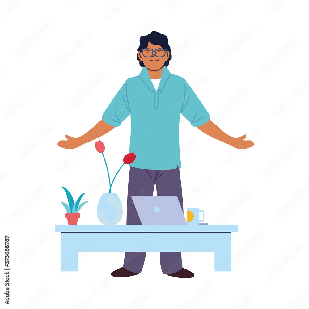 Fototapeta premium man cartoon with laptop on table vector design