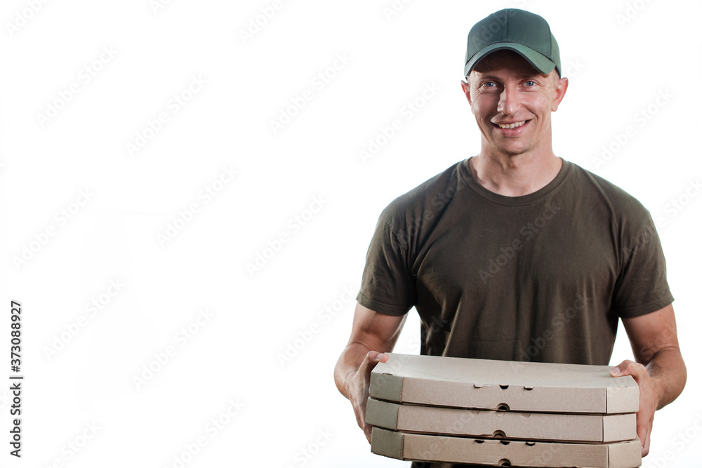 Delivery Concept: Portrait of Pizza delivery man presenting something in box Delivery Concept: Portrait of Pizza delivery man presenting something in box