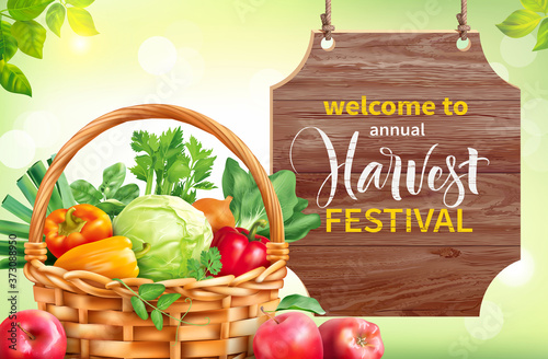 Harvest festival poster design. Invitation for crop fest with signboard and basket with vegetables. Vector illustration.