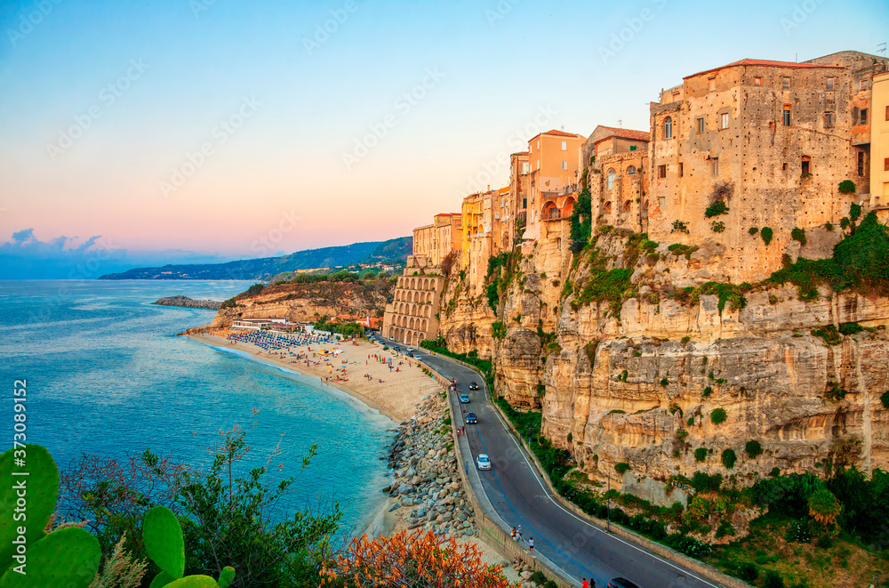 High view of Tropea town and Tyrrhenian Sea beach,Tropea, Calabria, Italy.