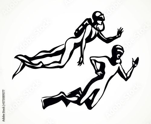 Scuba diver underwater. Vector drawing