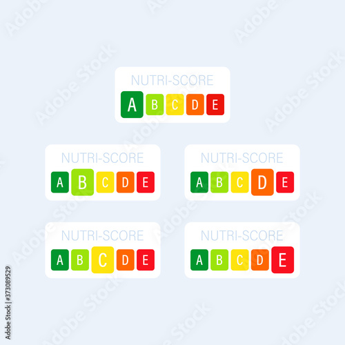 Nutri Score vertical stickers set. Score system sign. Vector on isolated white background. EPS 10
