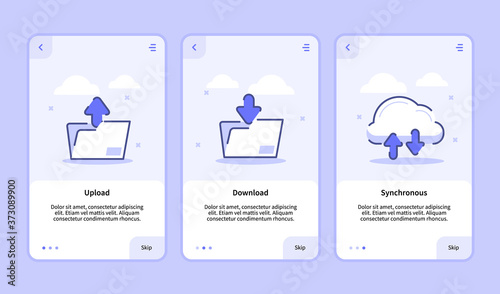 Upload download synchronous onboarding screen for mobile apps template banner page UI with three variations modern flat outline style.