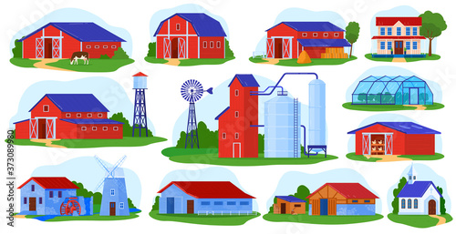 Farm building vector illustration set. Cartoon flat front view of village farmhouses collection with hay silo red barn, industry tower, chicken coop hen house, wind mill greenhouse isolated on white