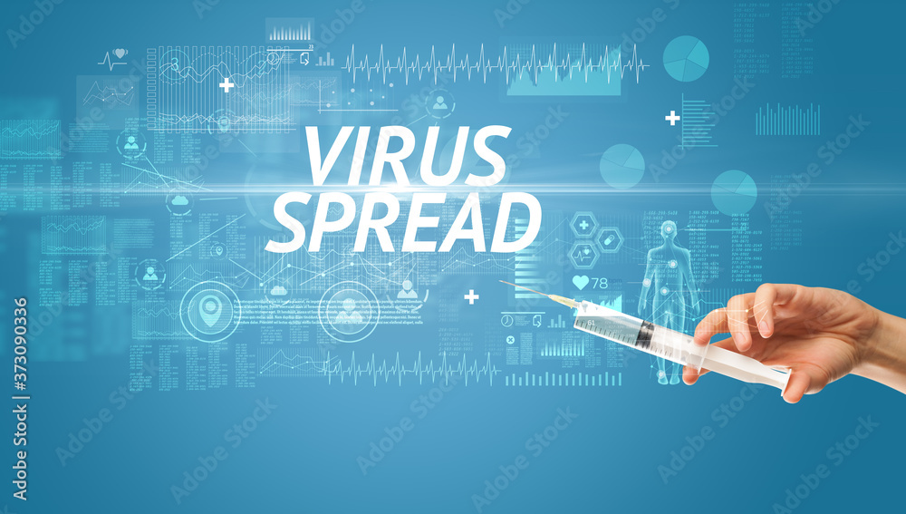 Syringe needle with virus vaccine and VIRUS SPREAD inscription, antidote concept Syringe needle with virus vaccine and VIRUS SPREAD inscription, antidote concept