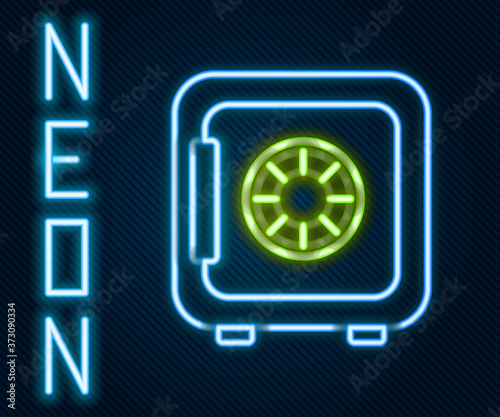 Glowing neon line Safe icon isolated on black background. The door safe a bank vault with a combination lock. Reliable Data Protection. Colorful outline concept. Vector Illustration.