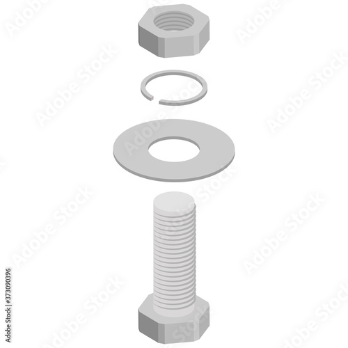 Stainless steel bolt and nut.3d vector illustration and isometric view.