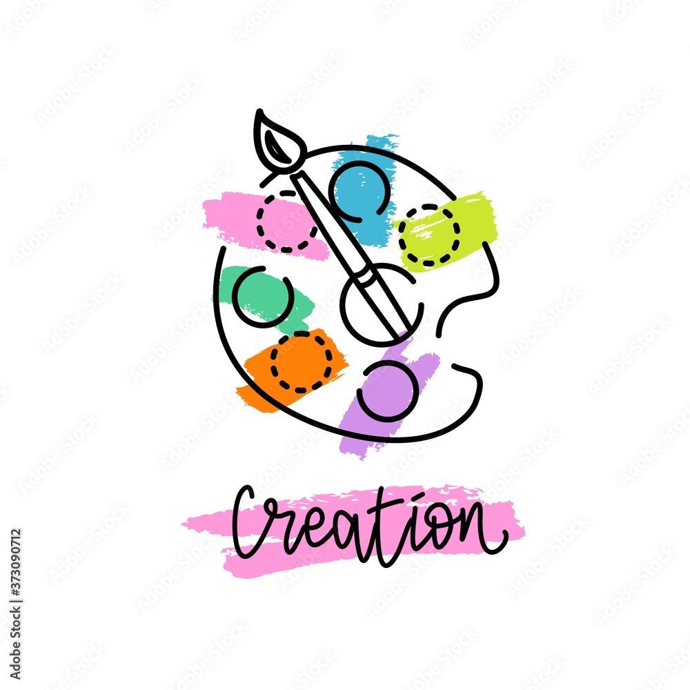 An icon with a bright palette for paints. Brush and paint. Vector illustration. Logo for the art studio. Hand lettering 