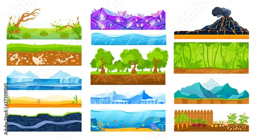 Ground surface landscape vector illustration set. Cartoon flat soil land layers diagram collection with green grass or tree roots in layered mud, sea water and desert sand, geology isolated on white