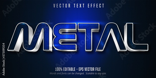 Metal text, silver style editable text effect on blue canvas background