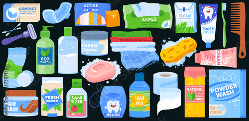 Hygiene bath product vector illustration set. Cartoon flat personal hygienics body care objects for bathroom collection with toothpaste and tooth brush, hair shampoo plastic bottle, soap, hand towels
