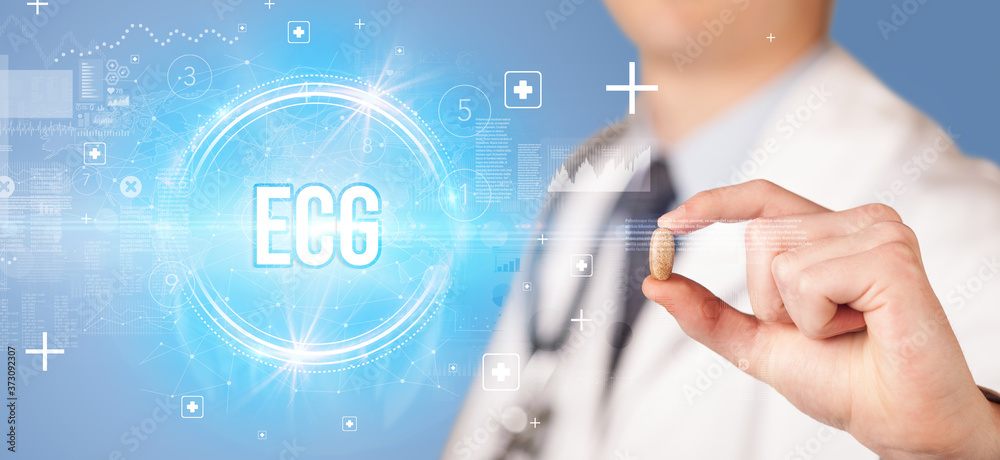 Close-up of a doctor giving you a pill with ECG abbreviation, virology concept Close-up of a doctor giving you a pill with ECG abbreviation, virology concept