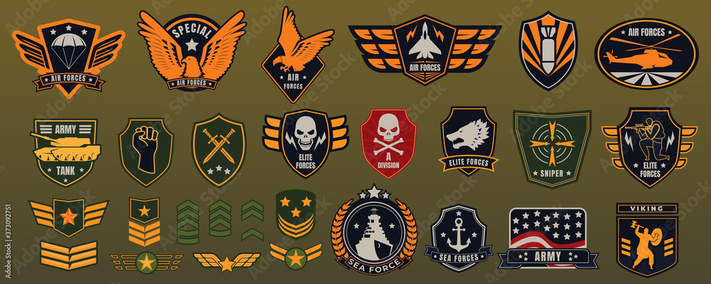 Army military badge vector illustration set. Cartoon flat militarism items collection with American soldier chevrons, patches and airborne retro label, armed forces emblems of eagles stars anchor