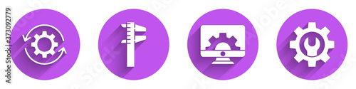 Set Gear and arrows as workflow, Calliper or caliper and scale, Computer monitor and gear and Wrench spanner and gear icon with long shadow. Vector.