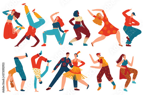 People dance vector illustration set. Cartoon flat woman man dancer characters collection with teenager girls and guys dancing hip hop, breakdance, twerk at modern street music party isolated on white