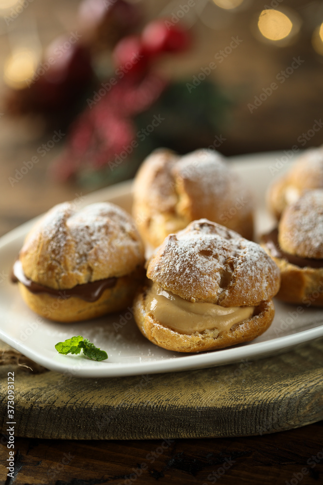 Chocolate and caramel choux pastry