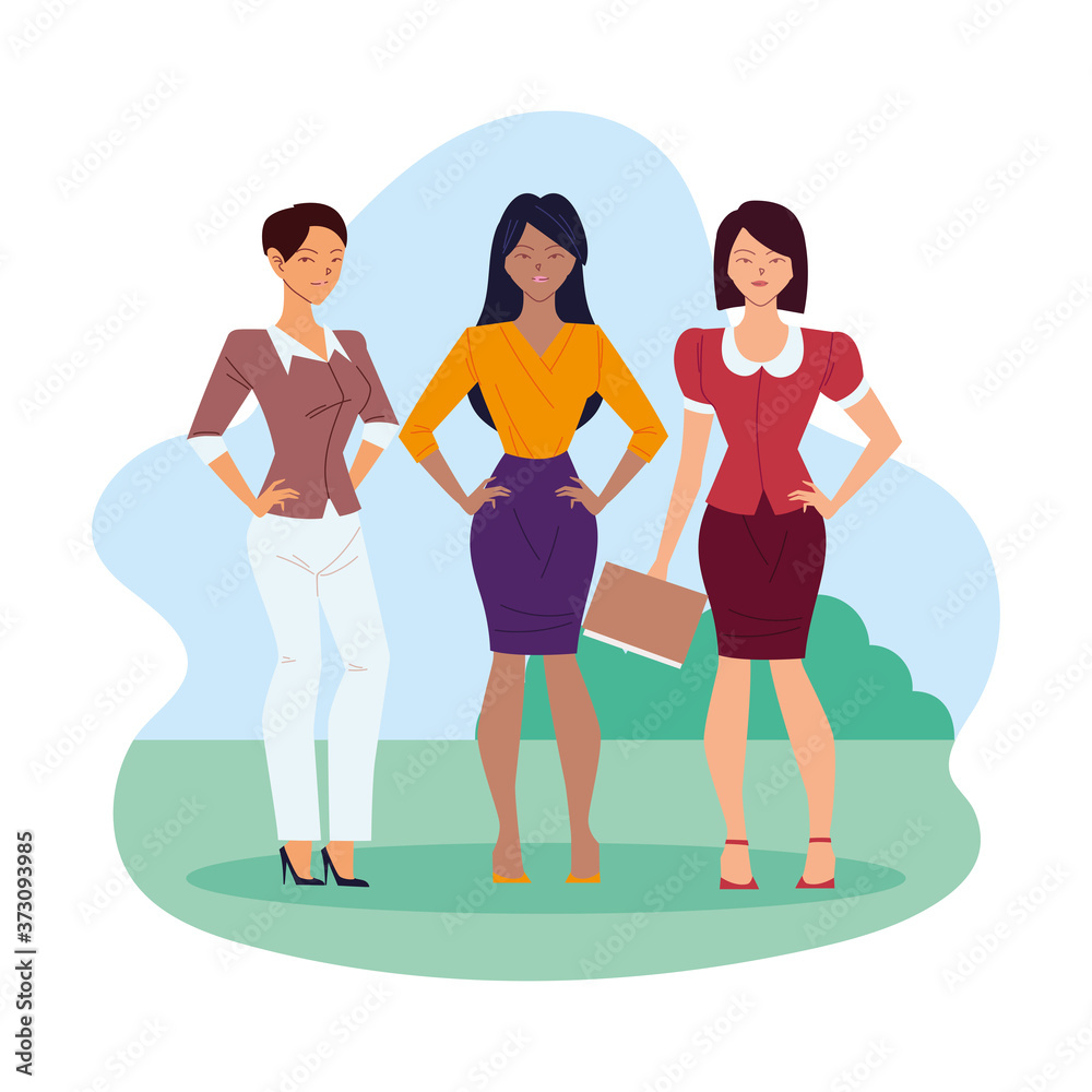 Obraz premium three businesswomen cartoons with file at parkvector design