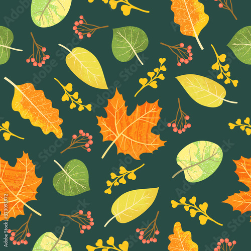 Colorful autumn leafs pattern in warm colors  seamless. Falls leaves background repeat. Trendy flat design with texture. Great for backgrounds  cards  gift wrapping paper  home decor.