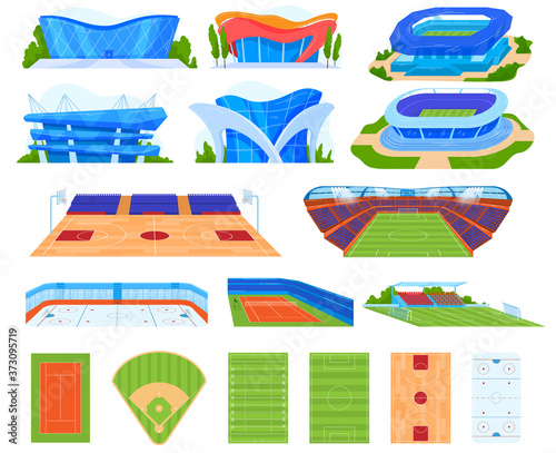Sports stadium vector illustration set. Cartoon flat indoor or outdoor arena field for sportsman people playing basketball, football, hockey games, modern design of stadium buildings isolated on white