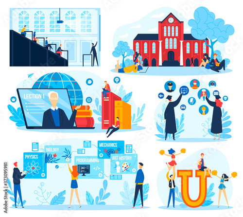 Student education concept vector illustration set. Cartoon flat educational collection with young people studying in college, university or online course, graduates choose specialty isolated on white