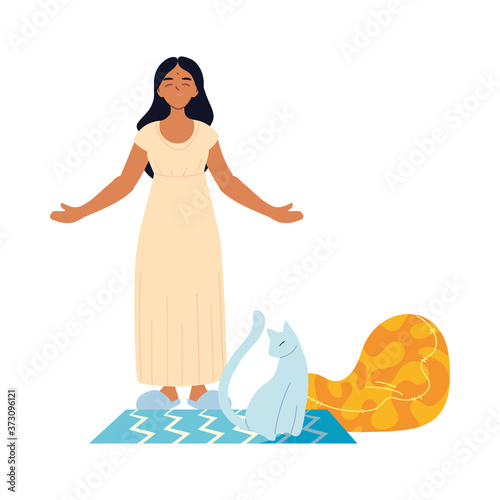 indian woman cartoon with cat and puf vector design