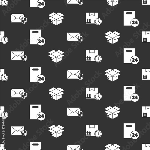 Set Cardboard box and fast time, Delivery with cardboard boxes, Envelope with shield and Carton cardboard box on seamless pattern. Vector.