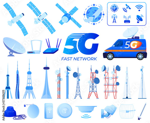 5G communication technology vector illustrations. Cartoon flat towered telecommunication equipment set, antenna towers, 5G network wireless signal tech station, broadcast satellite isolated on white