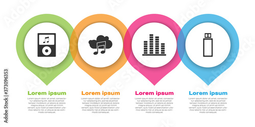 Set Music player, Music streaming service, Music equalizer and USB flash drive. Business infographic template. Vector.