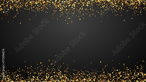 Golden confetti border background. Falling sparkling golden dust. Glittering bright decoration for event celebration. Festive pieces for christmas, new year greeting cards vector illustration