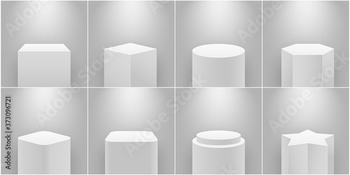 Museum stage. Empty product pedestal, white column. Platform for exhibition, expo podium and spotlight 3d realistic isolated vector set. Gallery geometric stands of different shape for exhibits