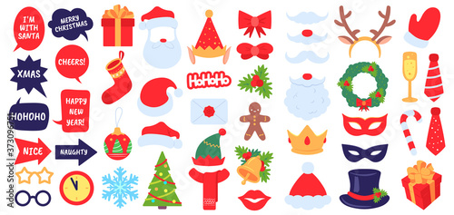 Christmas photo props. New year party, photo booth with masquerade decor santa hat and beard. Elf hat, gift, xmas stocking vector set. Accessories and decoration as envelope, fir tree, holly berry