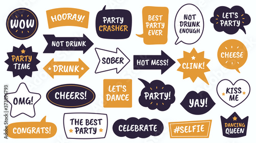 Party props. Black and yellow bubbles with funny quotes, photo booth props for masquerade, christmas and new year vector speech bubbles as party time and cheese, drunk, celebrate and sober photo
