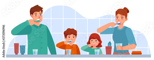 Family brush teeth. Parents and children brushing teeth together in bathroom. Parental parenting oral hygiene, dental care vector concept. Mother, father and kids with toothbrush and paste