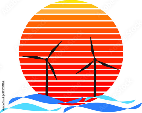 Vector of offshore wind farm on sea and sunset in background. Green energy industrial company silhouette logo illustration design