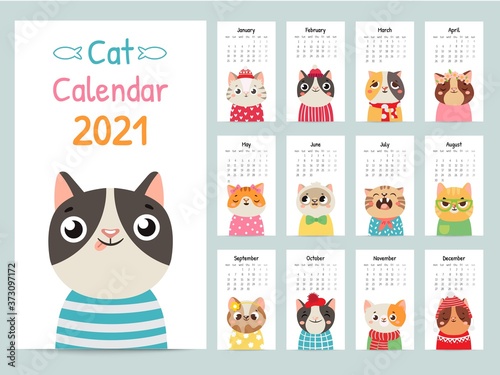 Cat calendar. Color gift 2021 calendar with cute cats. Funny kitty muzzles, pets characters cartoon vector almanac. Adorable pets in different clothing and accessories for each month