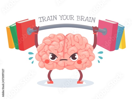 Brain training. Cartoon brain lifts weight with books. Train your memory, studying, learning and knowledge education vector concept. Character sweating with barbell, workout for mind